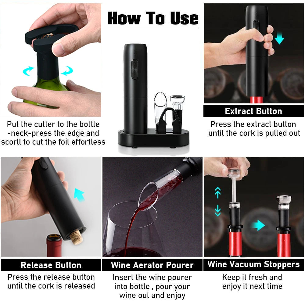 Electric Wine Bottle Opener Set With Aerator And Vacuum Stopper - Daily Casa Zen